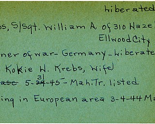 World War II, Vindicator, William A. Krebs, Ellwood City, missing, Europe, 1944, prisoner, Germany, liberated, 1945, Mahoning, Trumbull, Mrs. Kokie W. Krebs