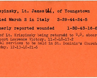 World War II, Vindicator, James W. Krispinsky, Youngstown, wounded, 1943, killed, Italy, 1944, body returned to U.S., aboard U.S. Transport Lawrence Victory, funeral, St. Dominic's Church, 1948