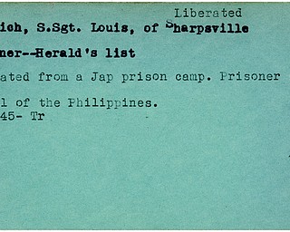 World War II, Vindicator, Louis Kristich, Sharpsville, prisoner, liberated, Japan prison camp, fall of Philippines, 1945, Trumbull