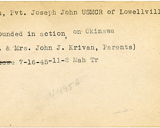 World War II, Vindicator, Joseph John Krivan, Lowellville, wounded, Okinawa, 1945, Mahoning, Trumbull, Mr. & Mrs. John J. Krivan