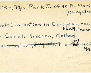 World War II, Vindicator, Park J. Kroesen, Youngstown, wounded, Europe, France, 1945, Mrs. Sarah Kroesen, Mahoning, Trumbull