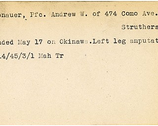 World War II, Vindicator, Andrew W. Kronauer, Struthers, wounded, Okinawa, left leg amputated, 1945, Mahoning, Trumbull