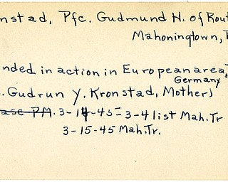 World War II, Vindicator, Gudmund H. Kronstad, Mahoningtown, Pennsylvania, wounded, Europe, Germany, 1945, Mahoning, Trumbull, Mrs. Gudrun Y. Kronstad