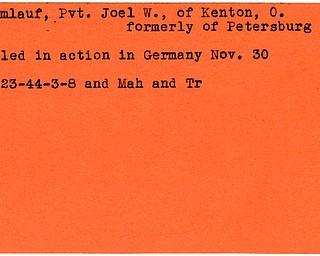 World War II, Vindicator, Joel W. Krumlauf, Kenton, Ohio, Petersburg, killed, Germany, 1944, Mahoning, Trumbull