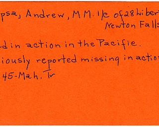 World War II, Vindicator, Andrew Krupsa, Newton Falls, missing, killed, Pacific, 1945, Mahoning, Trumbull