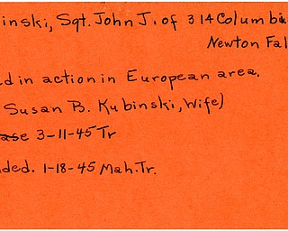 World War II, Vindicator, John J. Kubinski, Newton Falls, wounded, killed, Europe, 1945, Mrs. Susan B. Kubinski