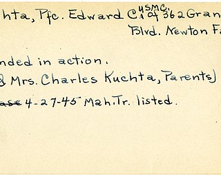 World War II, Vindicator, Edward C. Kuchta, Newton Falls, wounded, 1945, Mahoning, Trumbull, Mr. & Mrs. Charles Kuchta