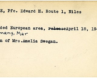 World War II, Vindicator, Edward H. Kuhne, Niles, wounded, Europe, Germany, 1945, Mahoning, Trumbull, Mrs. Amelia Swegan