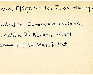 World War II, Vindicator, Lester J. Kuiken, Wampum, wounded, Europe, 1945, Mahoning, Trumbull, Mrs. Zelda J. Kuiken