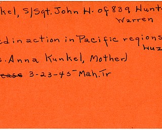 World War II, Vindicator, John H. Kunkel, Warren, killed, Pacific, Luzon, 1945, Mahoning, Trumbull, Mrs. Anna Kunkel