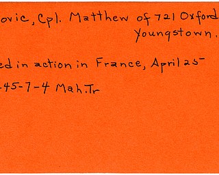 World War II, Vindicator, Matthew Kunovic, Youngstown, killed, France, 1945, Mahoning, Trumbull