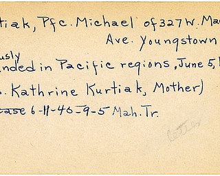 World War II, Vindicator, Michael Kurtiak, Youngstown, wounded, Pacific, Luzon, 1945, Mahoning, Trumbull, Mrs. Kathrine Kurtiak