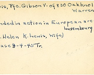 World War II, Vindicator, Gibson V. Lewis, Warren, wounded, Europe, Luxembourg, 1945, Trumbull, Mrs. Helen K. Lewis