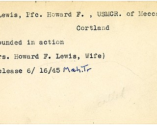World War II, Vindicator, Howard F. Lewis, Cortland, wounded, 1945, Mahoning, Trumbull, Mrs. Howard F. Lewis
