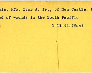 World War II, Vindicator, Ivor J. Lewis Jr., New Castle, Pennsylvania, wounded, died, killed, South Pacific, 1944, Mahoning