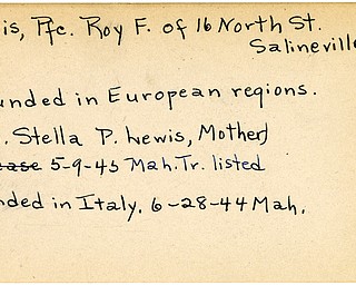 World War II, Vindicator, Roy F. Lewis, Salineville, wounded, Europe, Italy, 1944, 1945, Mahoning, Trumbull, Mrs. Stella P. Lewis