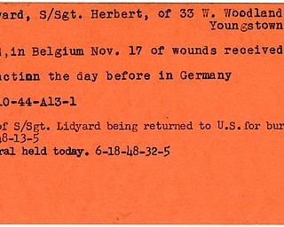 World War II, Vindicator, Herbert Lidyard, Youngstown, wounded, Germany, died of wounds, killed, Belgium, 1944, body returned to U.S., burial, funeral, 1948