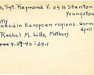 World War II, Vindicator, Raymond V. Lillo, Youngstown, wounded, Europe, Germany, 1945, Mrs. Rachel M. Lillo