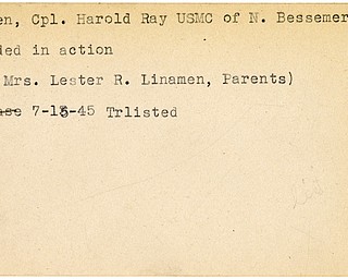 World War II, Vindicator, Harold Ray Linamen, Bessemer, Pennsylvania, wounded, 1945, Trumbull, Mr. & Mrs. Lester R. Linamen