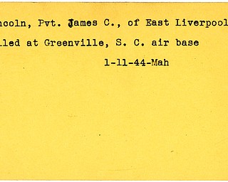 World War II, Vindicator, James C. Lincoln, East Liverpool, killed, Greenville, South Carolina, air base, 1944, Mahoning