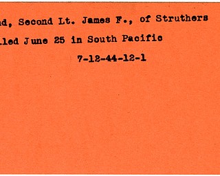 World War II, Vindicator, James F. Lind, Struthers, killed, South Pacific, 1944