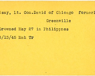 World War II, Vindicator, David Lindsay, Chicago, formerly Greenville, drowned, Philippines, 1945, Mahoning, Trumbull