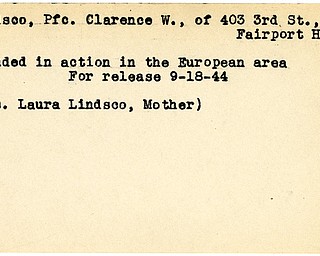 World War II, Vindicator, Clarence W. Lindsco, Fairport Harbor, wounded, Europe, 1944, Mrs. Laura Lindsco