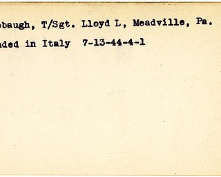 World War II, Vindicator, Lloyd L. Linebaugh, Meadville, Pennsylvania, wounded, Italy, 1944