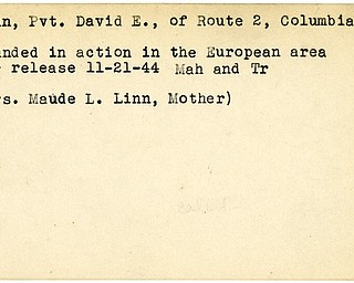 World War II, Vindicator, David E. Linn, Columbiana, wounded, Europe, 1944, Mahoning, Trumbull, Mrs. Maude L. Linn