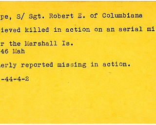 World War II, Vindicator, Robert E. Lipe, Columbiana, missing, 1944, believed killed, aerial mission over the Marshall Islands, 1946, Mahoning