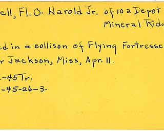 World War II, Vindicator, Harold Lisdell Jr., Lisdell, Fl. O. Harold Jr., Mineral Ridge, killed, collison, Flying Fortreses, near Jackson, Mississippi, 1945, Trumbull