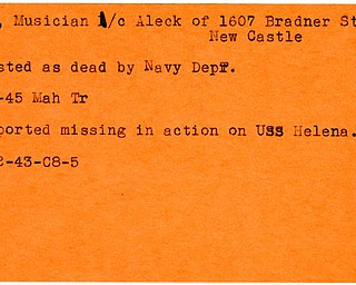 World War II, Vindicator, Aleck Lisko, New Castle, missing, USS Helena, 1943, dead, Navy Department, 1945, Mahoning, Trumbull