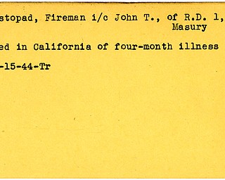 World War II, Vindicator, John T. Listopad, Masury, died, California, four month illness, 1944, Trumbull