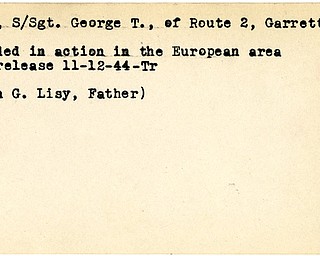 World War II, Vindicator, George T. Lisy, Garrettsville, wounded, Europe, 1944, Trumbull, John G. Lisy
