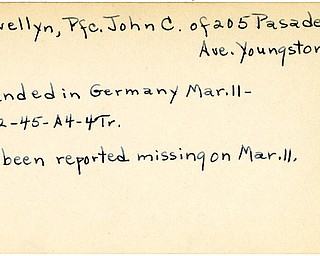 World War II, Vindicator, John C. Llewellyn, Youngstown, wounded, Germany, 1945, not reported missing, Trumbull