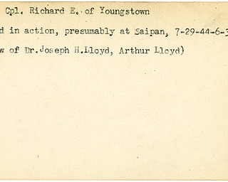 World War II, Vindicator, Richard E. Lloyd, Youngstown, wounded, presumably Saipan, 1944, Dr. Joseph H. Lloyd, Arthur Lloyd