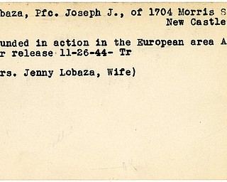 World War II, Vindicator, Joseph J. Lobaza, New Castle, wounded, Europe, 1944, Trumbull, Mrs. Jenny Lobaza