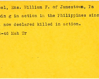 World War II, Vindicator, William F. Loesel, Jamestown, Pennsylvania, missing, Philippines, declared killed, 1946, Mahoning, Trumbull