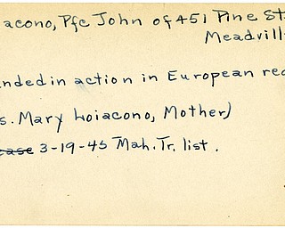 World War II, Vindicator, John Loiacono, Meadville, wounded, Europe, 1945, Mahoning, Trumbull, Mrs. Mary Loiacono