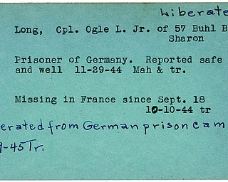 World War II, Vindicator, Ogle L. Long Jr., Sharon, missing, France, prisoner, Germany, reported safe, 1944, Mahoning, Trumbull, liberated, 1945