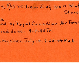 World War II, Vindicator, William J. Long, Sharon, missing, believed dead, dead, Royal Canadian Air Force, 1944, 1945, Mahoning, Trumbull