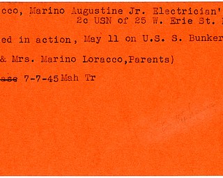 World War II, Vindicator, Marino Augustine Loracco Jr., Masury, Electrician's mate, killed, U.S.S. Bunker Hill, 1945, Mahoning, Trumbull, Mr. & Mrs. Marino Loracco