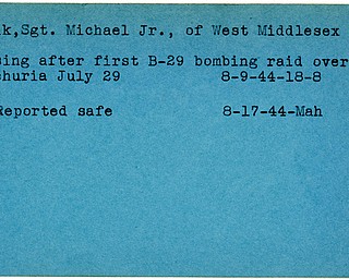 World War II, Vindicator, Michael Losik Jr., West Middlesex, missing, over Manchuria, Manchuria, B-29 bombing raid, safe, 1944, Mahoning