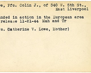 World War II, Vindicator, Colin J. Lowe, East Liverpool, wounded, Europe, 1944, Mahoning, Trumbull, Mrs. Catherine V. Lowe