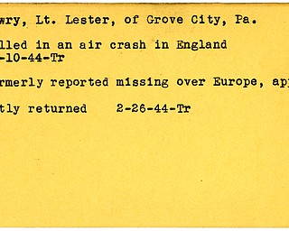 World War II, Vindicator, Lester Lowry, Grove City, Pennsylvania, missing, Europe, returned, killed, air crash, England, 1944, Trumbull
