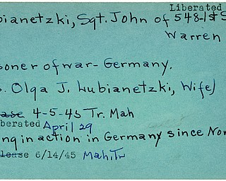 World War II, Vindicator, John Lubianetzki, Warren, prisoner, Germany, Mrs. Olga J. Lubianetzki, 1945, Mahoning, Trumbull, liberated, missing, Germany