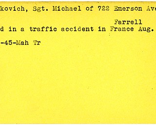 World War II, Vindicator, Michael Luckovick, Farrell, killed, France, traffic accident, 1945, Mahoning, Trumbull