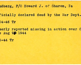 World War II, Vindicator, Howard J. Lundberg, Sharon, Pennsylvania, missing, China, 1944, dead, declared dead by War Department, 1946, Trumbull