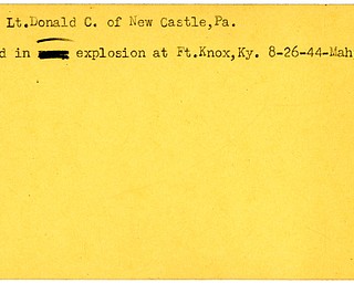 World War II, Vindicator, Donald C. Lusk, New Castle, Pennsylvania, killed, explosion, Fort Knox, Kentucky, 1944, Mahoning