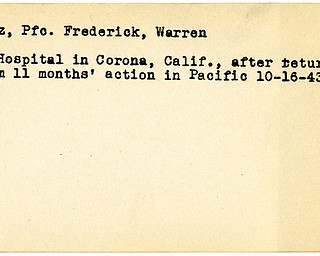 World War II, Vindicator, Frederick Lutz, Warren, in hospital, Corona, California, returning from action, Pacific, 1943, Mahoning
